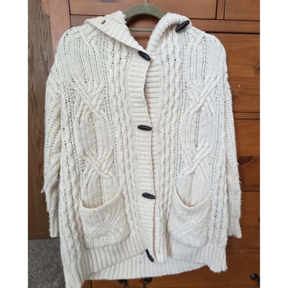 American Eagle Cable Knit Cardigan Size Medium Shawl Collar Pockets Cream - Picture 1 of 9